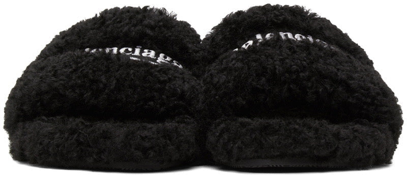 BALENCIAGA BLACK FURRY SLIDE SANDALS
